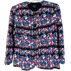 Misook Blue Black White Pink Blue Button Down Sz XS Stretchy Jacket Wearable Art